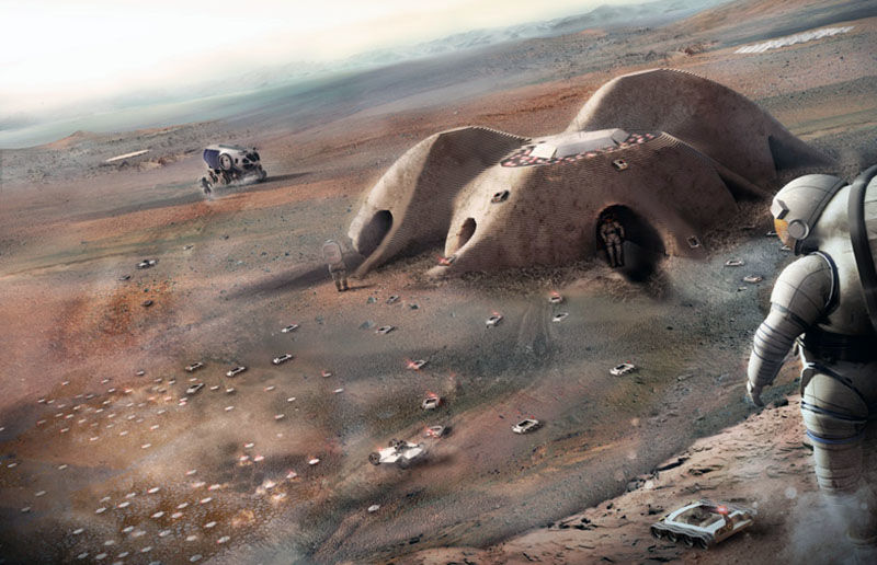 Robots ingenieros que imprimen en 3D imaginados por Norman Foster para una eventual base en Marte.